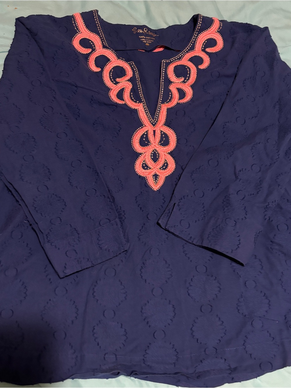 Lilly Pulitzer Navy Tunic with Coral Embroidered V-Neck